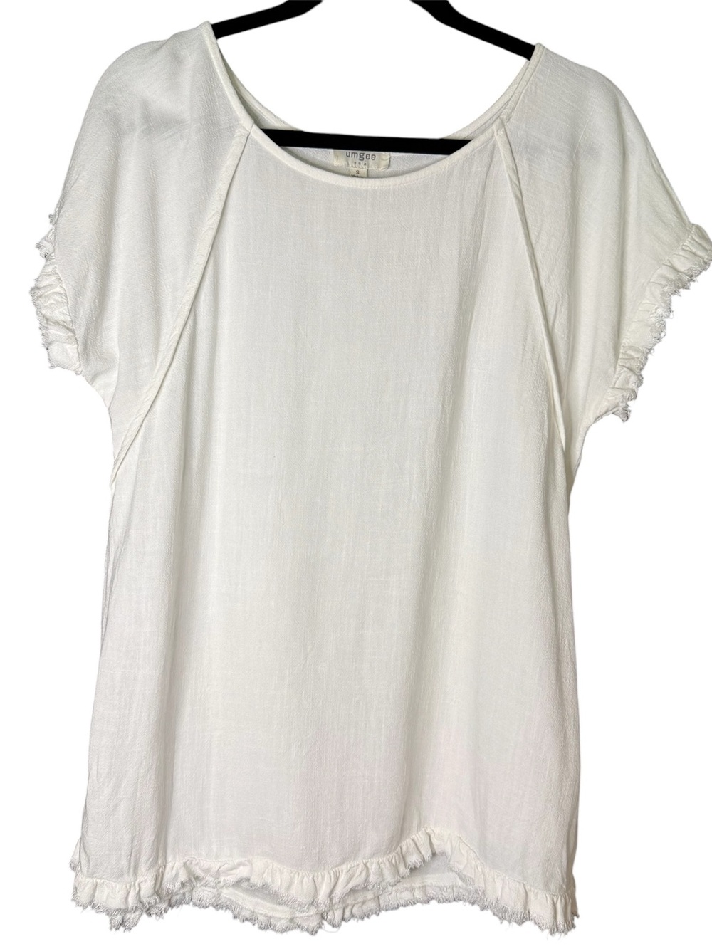 Umgee White Short-Sleeve Fringe Hem Women's Top